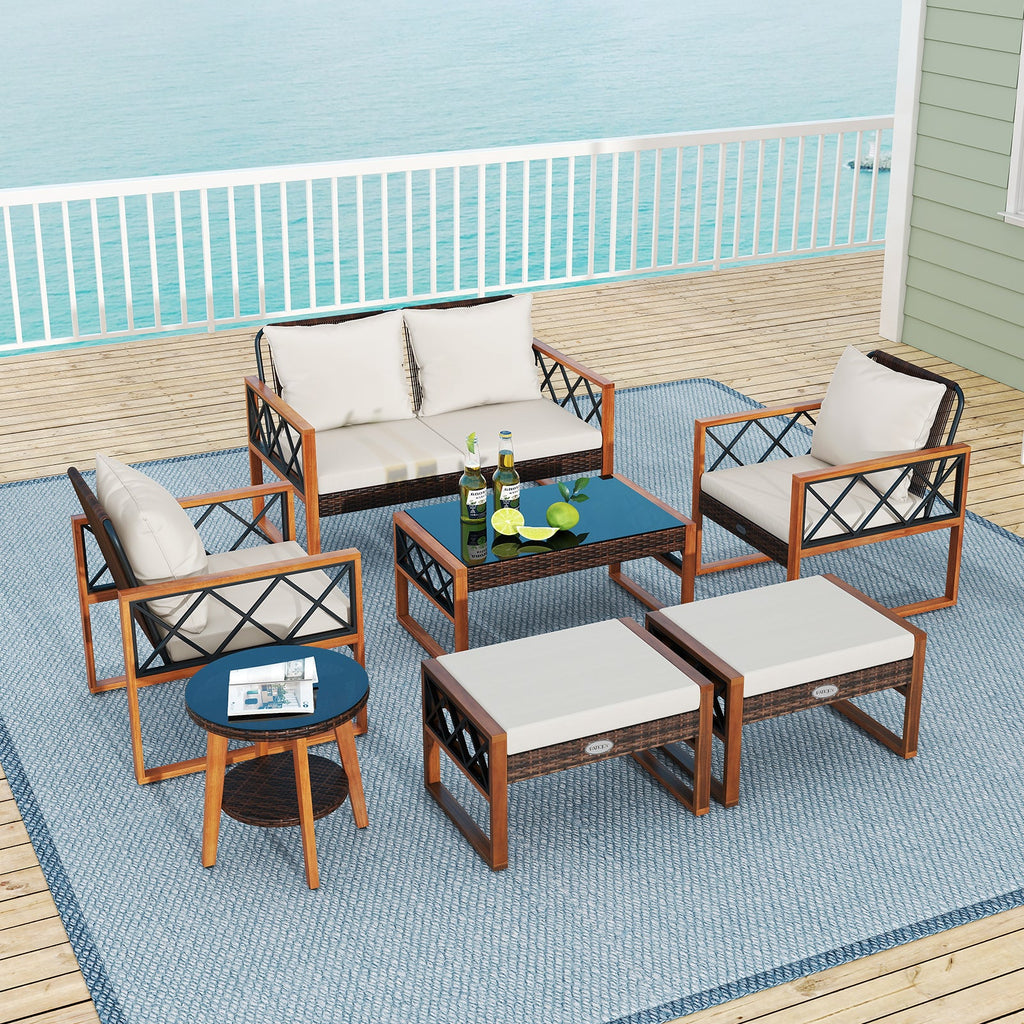 7-Piece PE Wicker and Acacia Wood Patio Conversation Set with Cushions