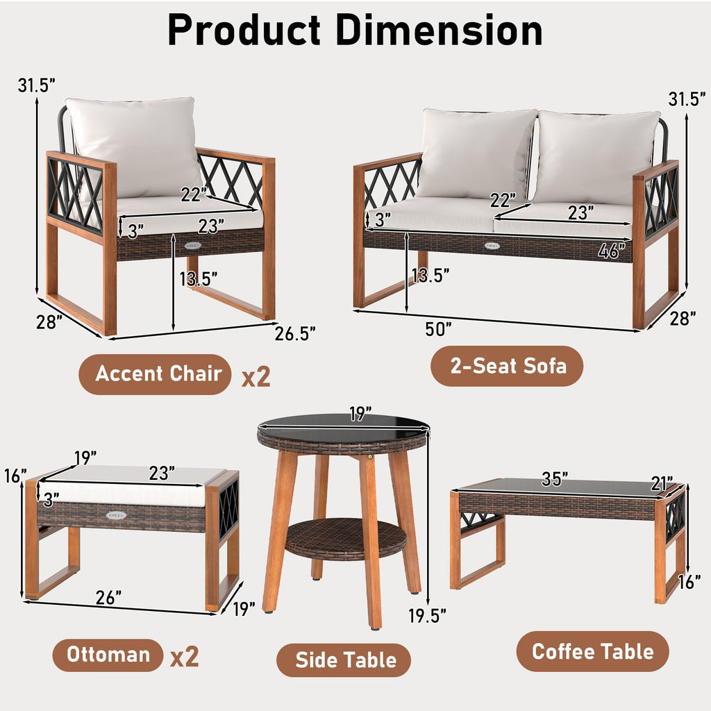 7-Piece PE Wicker and Acacia Wood Patio Conversation Set with Cushions