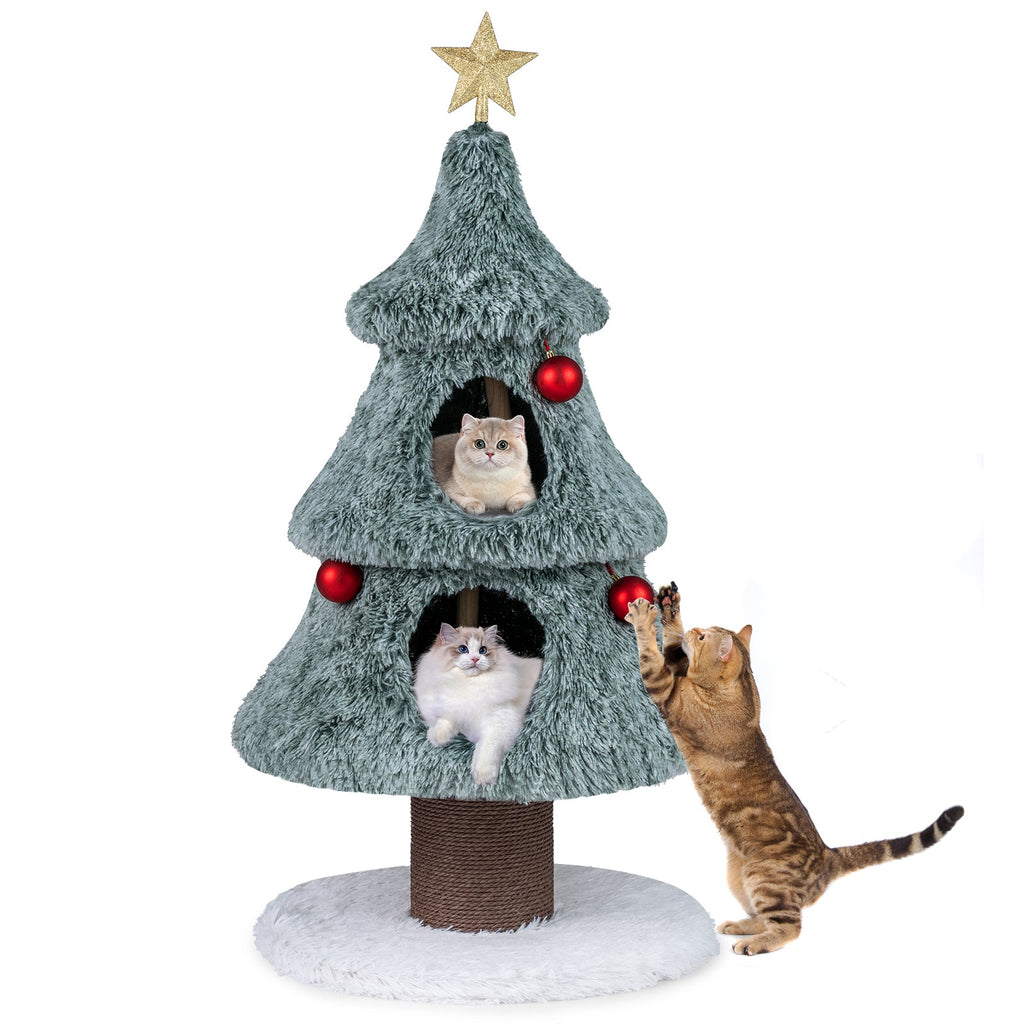 48.5-Inch Christmas Cat Tree with 2 Large Condos and Scratching Post – Green