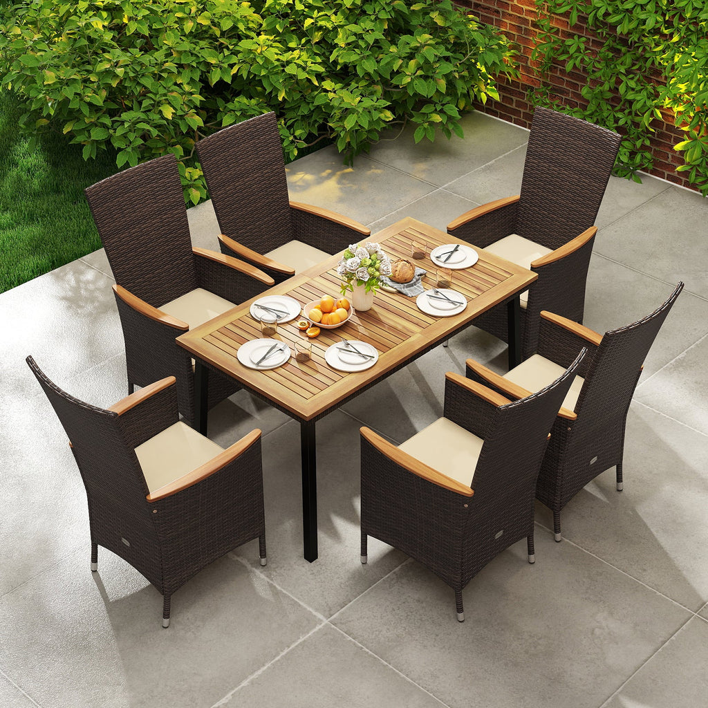 7-Piece Outdoor Dining Set with Wicker Armchairs and Acacia Wood Table