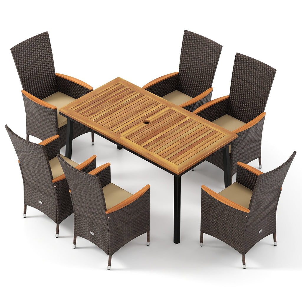 7-Piece Outdoor Dining Set with Wicker Armchairs and Acacia Wood Table