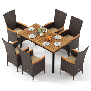 7-Piece Outdoor Dining Set with Wicker Armchairs and Acacia Wood Table