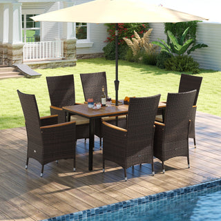 7-Piece Outdoor Dining Set with Wicker Armchairs and Acacia Wood Table