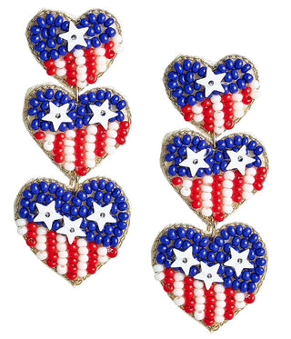 USA Red, White & Blue Beaded Heart Earrings
