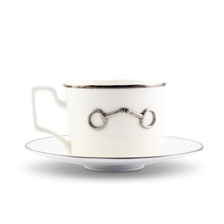 Pewter Bit Bone China Cup and Saucer Platinum Rim