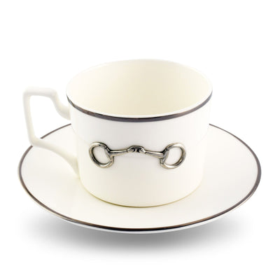Pewter Bit Bone China Cup and Saucer Platinum Rim