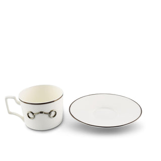 Pewter Bit Bone China Cup and Saucer Platinum Rim