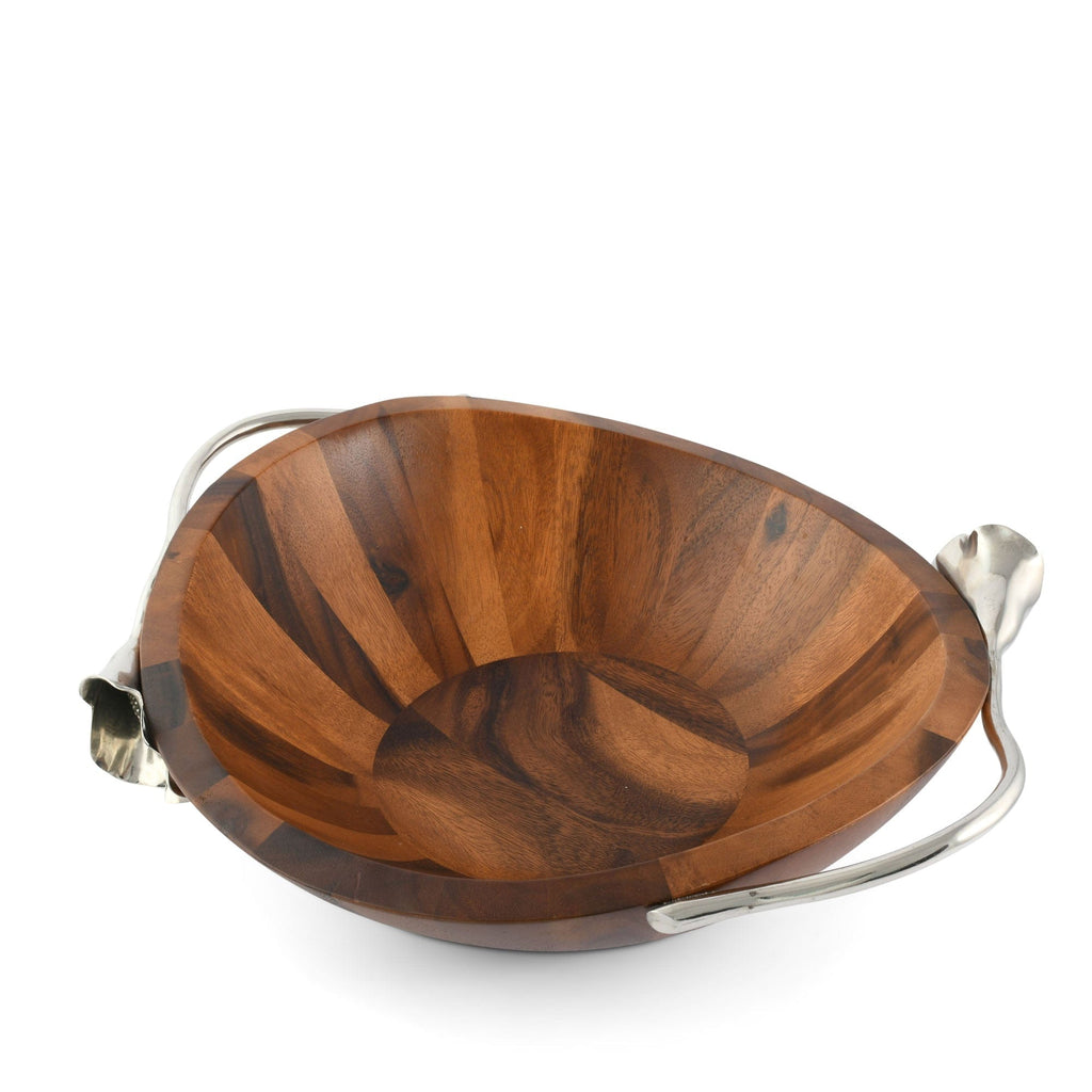 Lily Wood Salad Bowl | Acacia Serving Bowl with Pewter Handles
