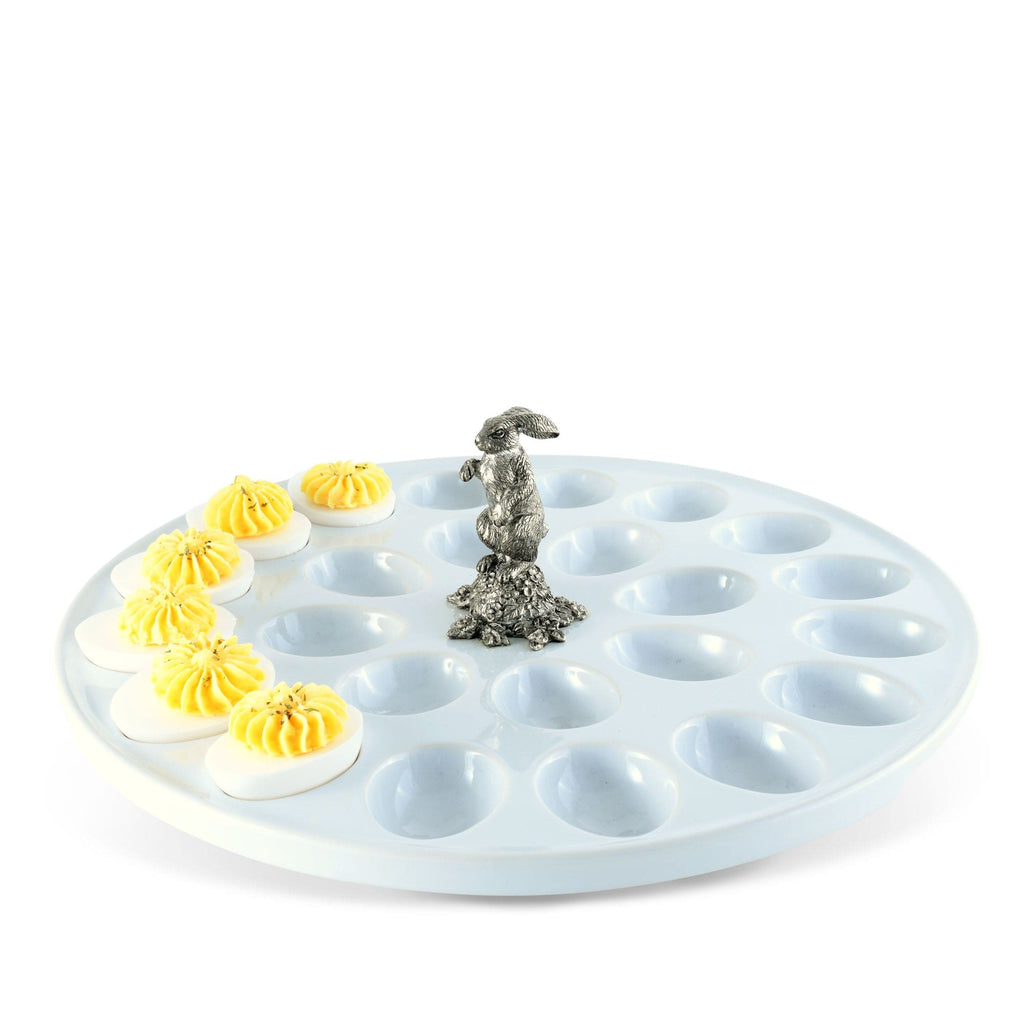 Deviled Egg Tray with Standing Rabbit | Stoneware & Pewter 16-Egg