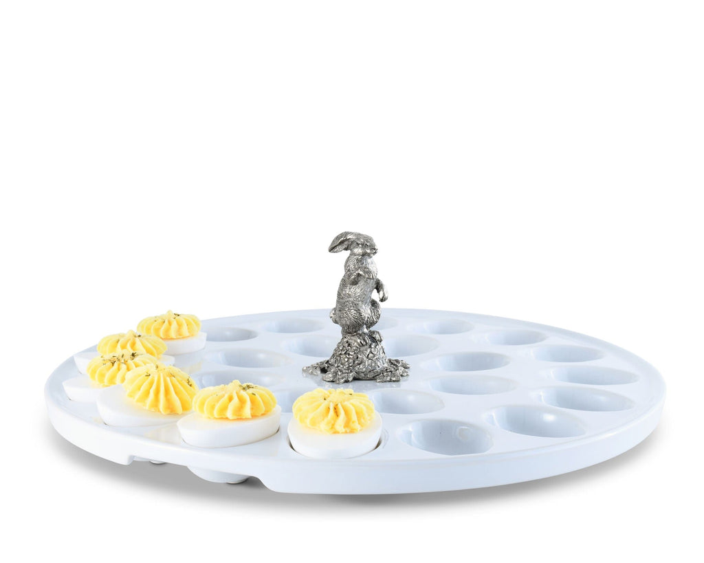 Deviled Egg Tray with Standing Rabbit | Stoneware & Pewter 16-Egg