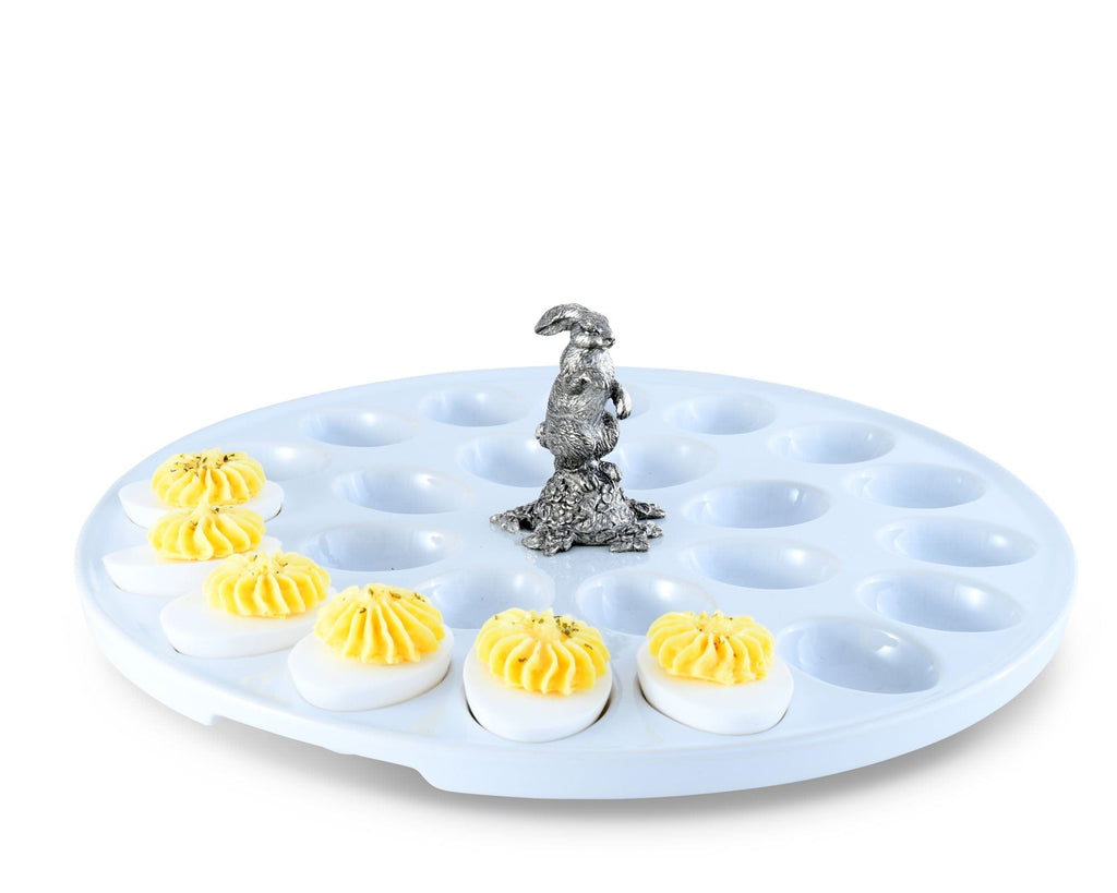 Deviled Egg Tray with Standing Rabbit | Stoneware & Pewter 16-Egg