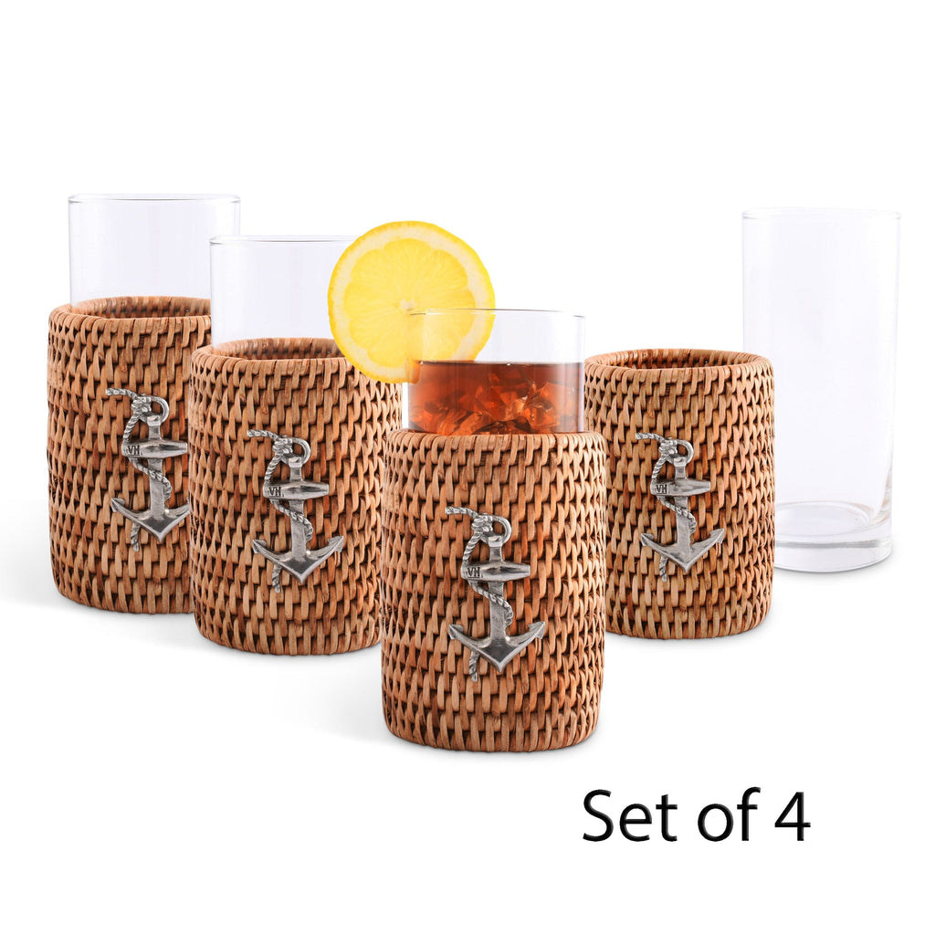 Anchor Drinking Glass Covered with Hand Woven Wicker Rattan - Set of 4