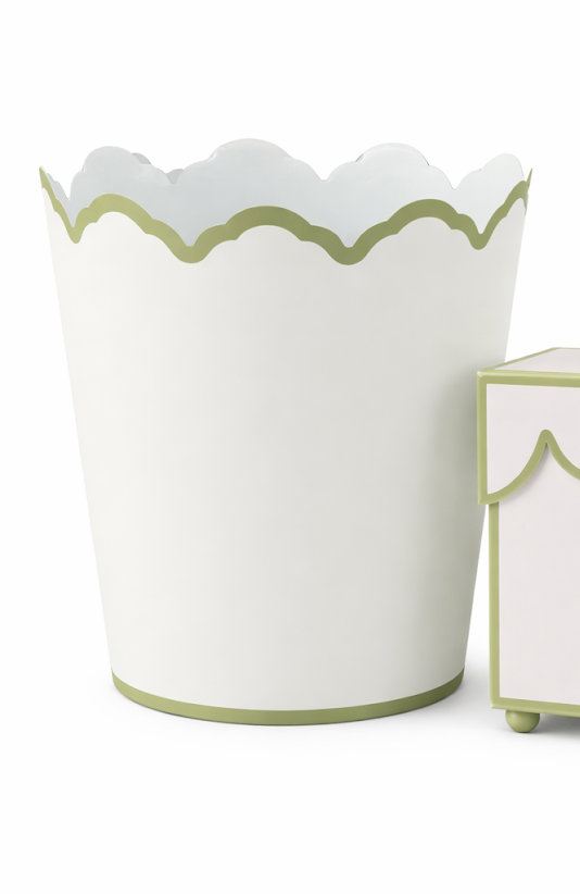 White & Olive Scalloped Wastepaper Basket & Tissue Box Set