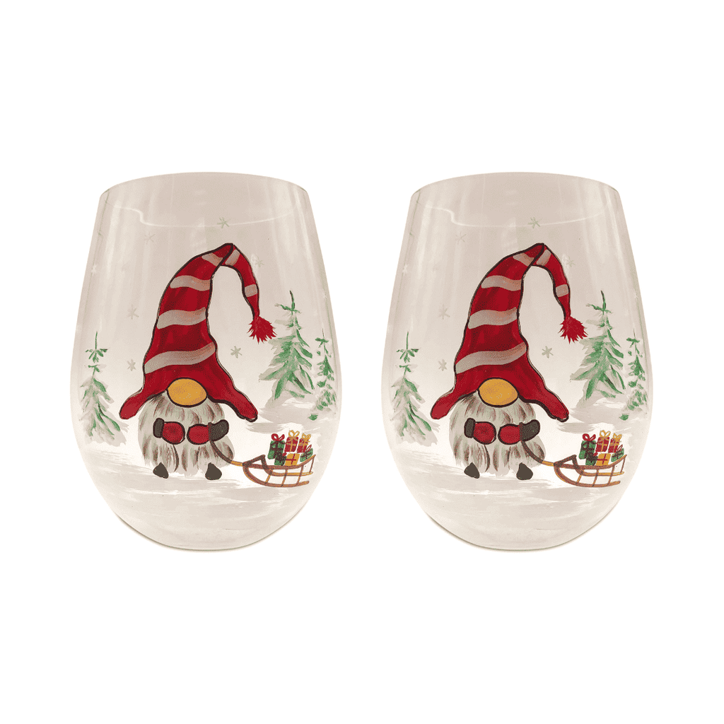 Hand-Painted Christmas Gnome Stemless Wine Glasses – Set of 2