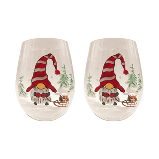 Hand-Painted Christmas Gnome Stemless Wine Glasses – Set of 2