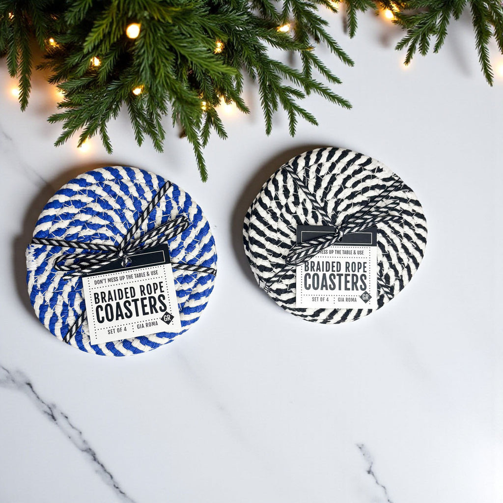 Blue & White Braided Rope Coasters – Coastal Cotton Drink Coasters (Set of 4)