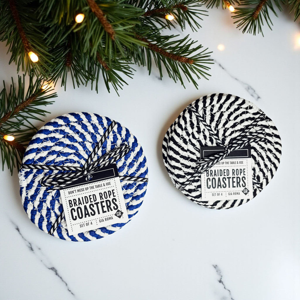 Blue & White Braided Rope Coasters – Coastal Cotton Drink Coasters (Set of 4)