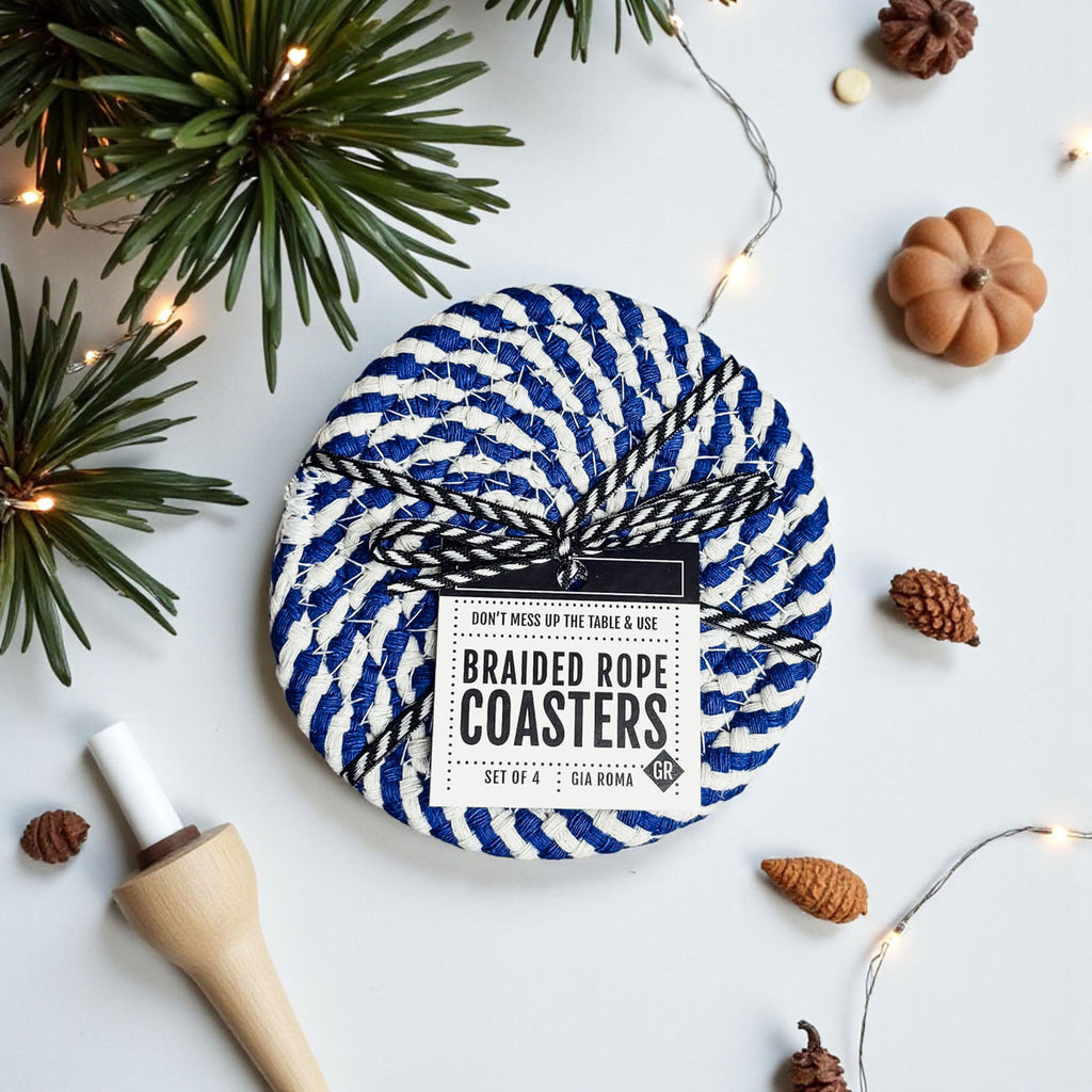 Blue & White Braided Rope Coasters – Coastal Cotton Drink Coasters (Set of 4)