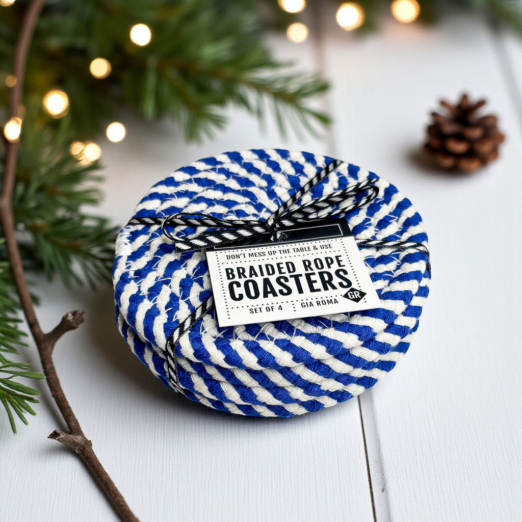 Blue & White Braided Rope Coasters – Coastal Cotton Drink Coasters (Set of 4)