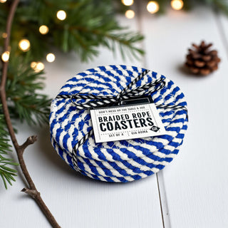 Blue & White Braided Rope Coasters – Coastal Cotton Drink Coasters (Set of 4)