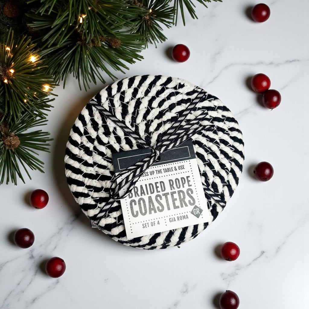 Black & White Braided Rope Coasters – Classic Cotton Drink Coasters (Set of 4)