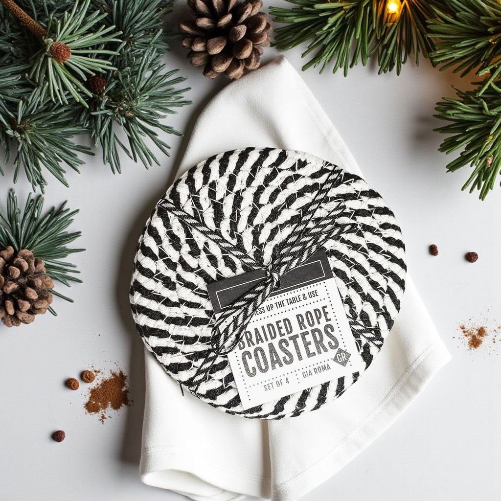 Black & White Braided Rope Coasters – Classic Cotton Drink Coasters (Set of 4)