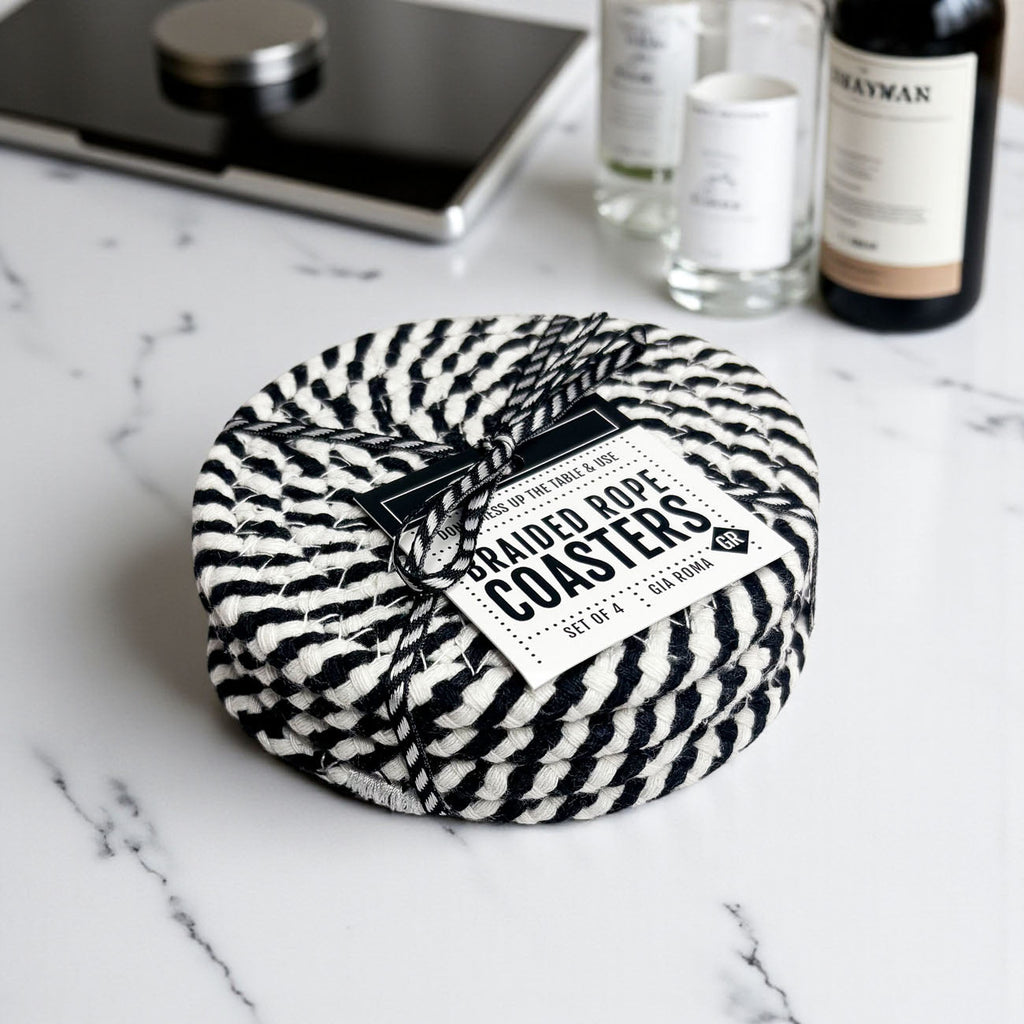 Black & White Braided Rope Coasters – Classic Cotton Drink Coasters (Set of 4)