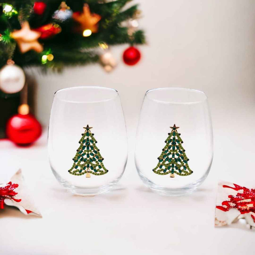 Jeweled Christmas Tree Stemless Wine Glasses – Set of 2