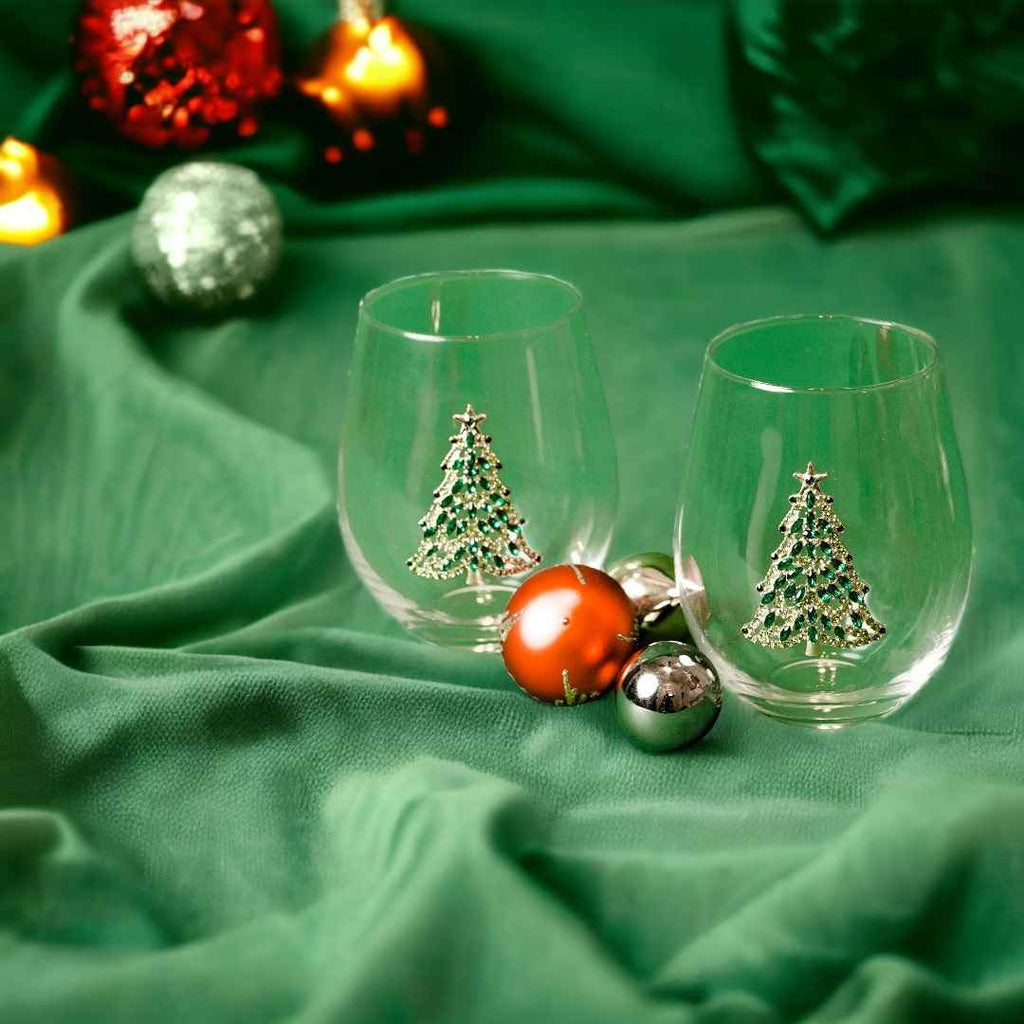 Jeweled Christmas Tree Stemless Wine Glasses – Set of 2