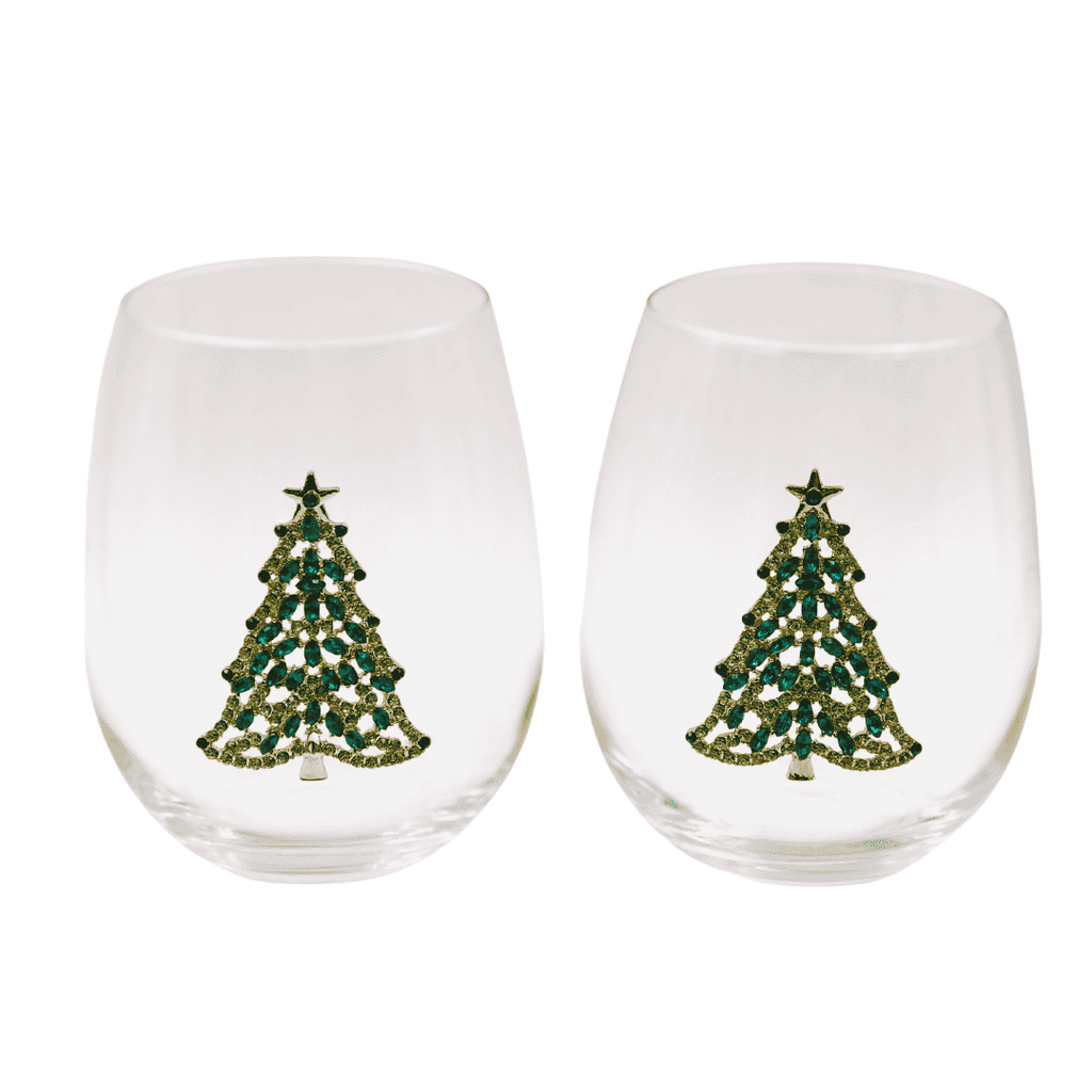 Jeweled Christmas Tree Stemless Wine Glasses – Set of 2