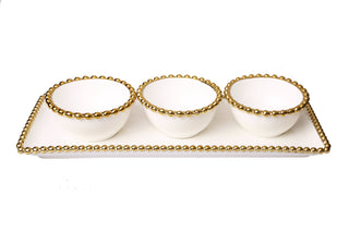 Elegant White Porcelain Three-Bowl Relish Dish with Gold Beading