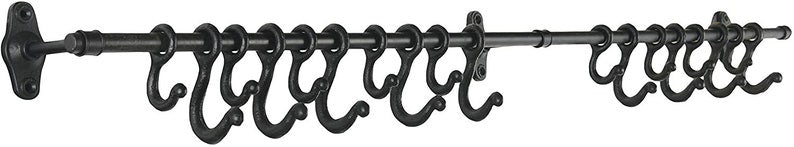 Decorative Forged Metal 18 Hooks Wall Rod, Black