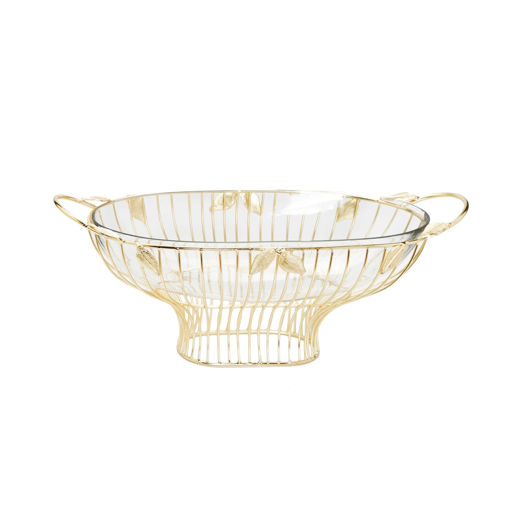 Gold Leaf Oval Shaped Bowl With Glass Insert-Dining and Serving Centerpiece