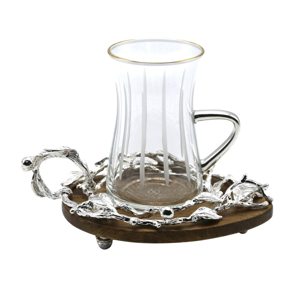 Beautiful Embellished Tea Set With Oval Acacia Saucer and Wood Tray