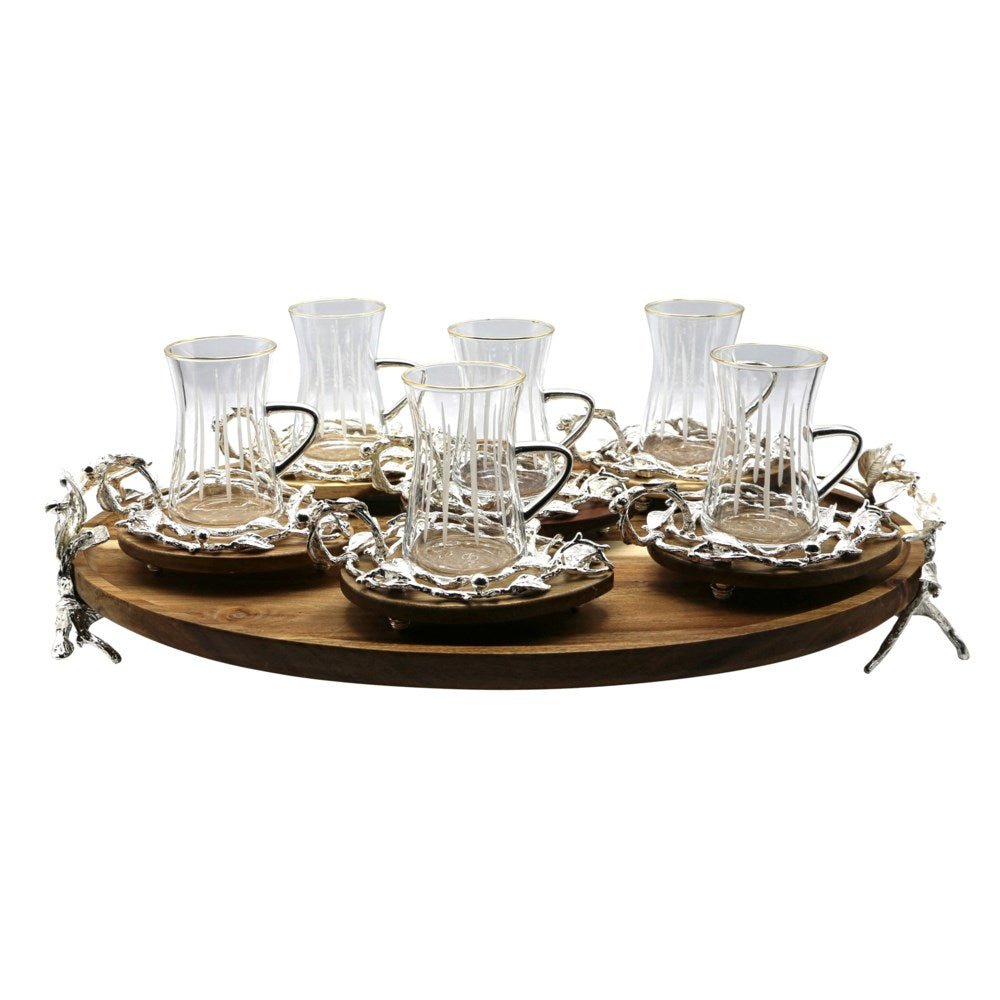 Beautiful Embellished Tea Set With Oval Acacia Saucer and Wood Tray - Anara Lifestyle