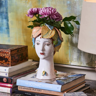 Donatello Ceramic Head Vase, Leaves Décor - Anara Lifestyle