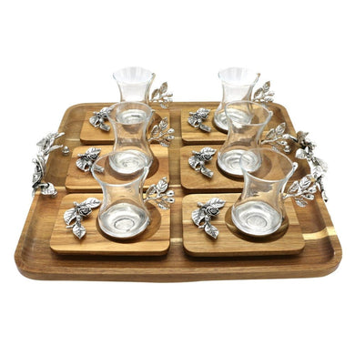 Modern Beautiful Rose Design Tea Set With Square Acacia Wood Tray - Anara Lifestyle