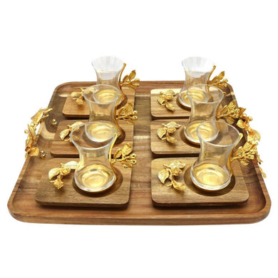 Modern Beautiful Rose Design Tea Set With Square Acacia Wood Tray - Anara Lifestyle