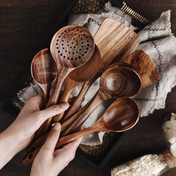 Rustic 7 Pieces Teak Wooden Utensil Set