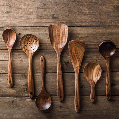 Rustic 7 Pieces Teak Wooden Utensil Set - Anara Lifestyle