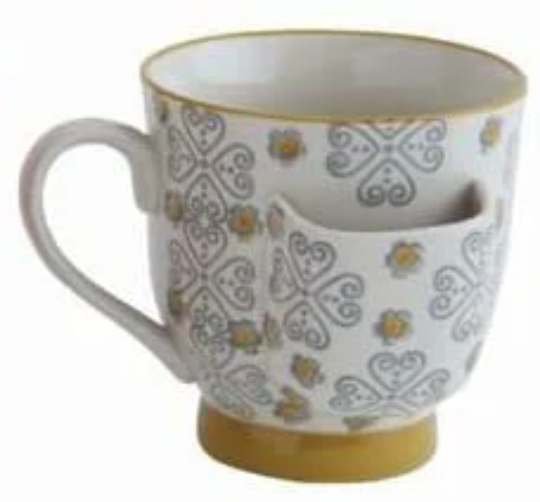Hand Stamped Stoneware Mug with Tea Bag Holder